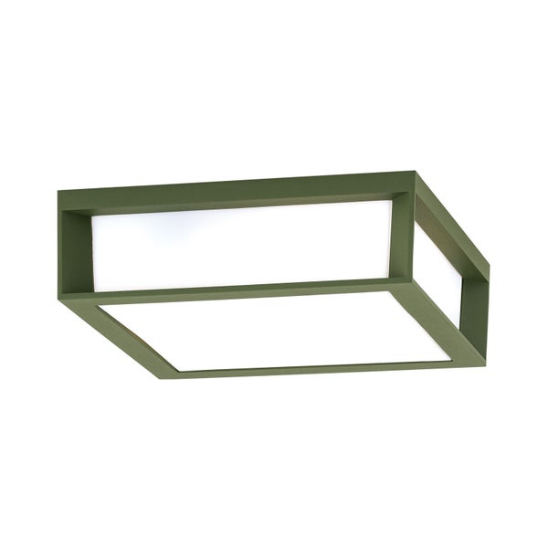 Moderne quadratische LED Deckenleuchte mit grünem Metallrahmen und weißem Diffusor.