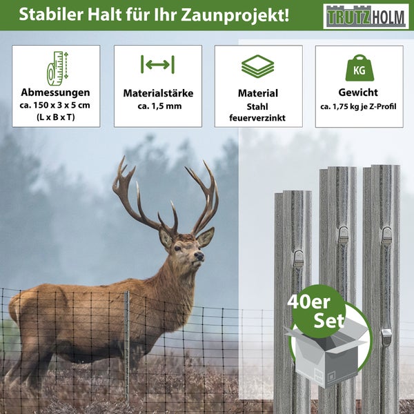 40er Set Trutzholm Z-Profil Zaunpfosten aus feuerverzinktem Stahl, 150 cm hoch, 1,5 Millimeter Materialstärke für Wildzaunprojekte