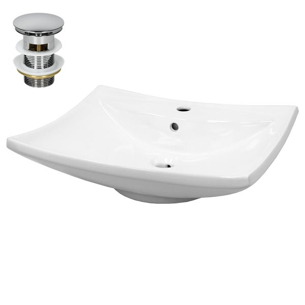 ECD Germany Waschbecken Waschtisch 605x460x165 mm aus Keramik Weiß inkl. Ablaufgarnitur für Waschbecken mit Überlauf Aufsatzbecken Aufsatzwaschbecken Aufsatzwaschtisch Waschschale Spülbecken Becken
