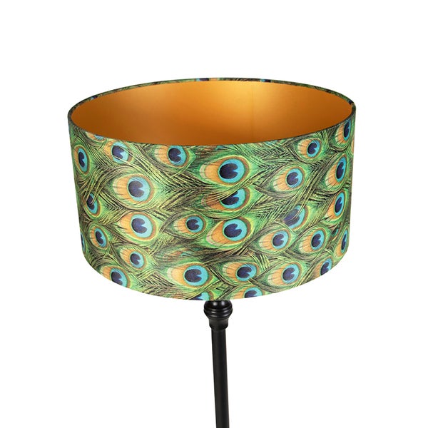 Zylindrischer Lampenschirm mit Pfauenfedern-Muster und goldener Innenseite.
