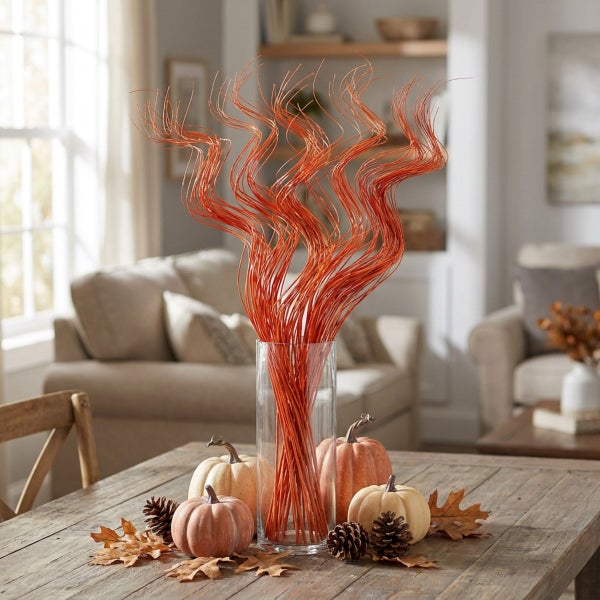 Herbstliche Tischdekoration mit einer Glasvase, gewundenen Zweigen, kleinen Dekokürbissen, Tannenzapfen und herbstlichen Blättern auf einem Holztisch.