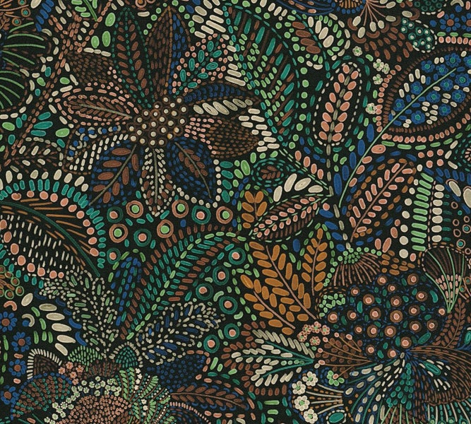 Tapete mit einem abstrakten, punktierten Blumenmuster und Pflanzenmotiven auf dunklem Hintergrund.