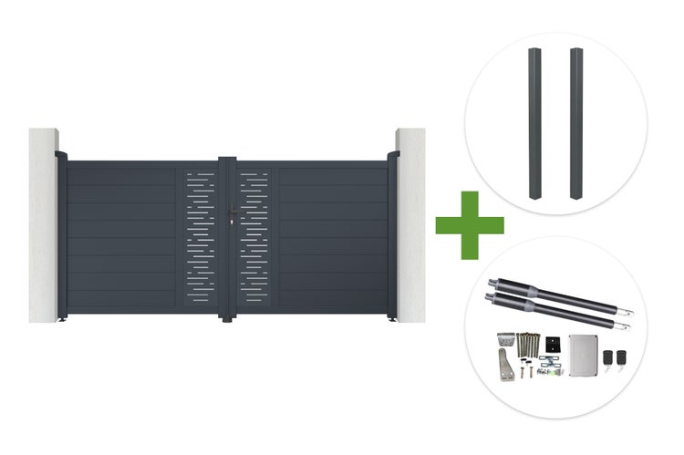 Zweiflügeliges Einfahrtstor-Set aus Aluminium inklusive zwei Pfosten und elektrischem Drehtorantrieb mit Zubehör und Handsendern.