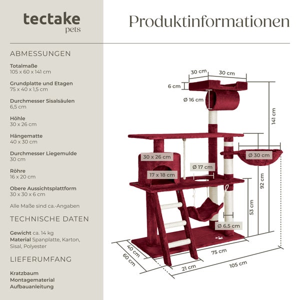 Produktinformationen zu einem Katzenkratzbaum von Tectake Pets mit Abmessungen