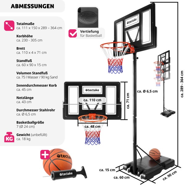 Basketballkorb tectake Dirk mit Rollen, inklusive Ball und Pumpe Outdoor schwarz