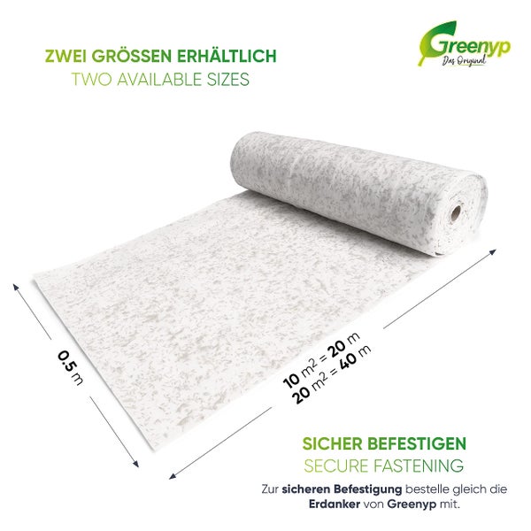 Greenyp All-In-One Grassamen Matte I 0,5 x 20m für 10m² I biologisch abbaubare Rasenmatte mit integrierten Rasensamen, Rasensamenmatte, Rollrasen