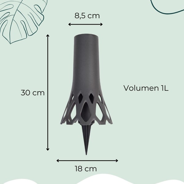 Dekorative Erdspieß-Blumenvase mit einem Volumen von einem Liter und den Maßen 30 x 18 x 8,5 Zentimeter.