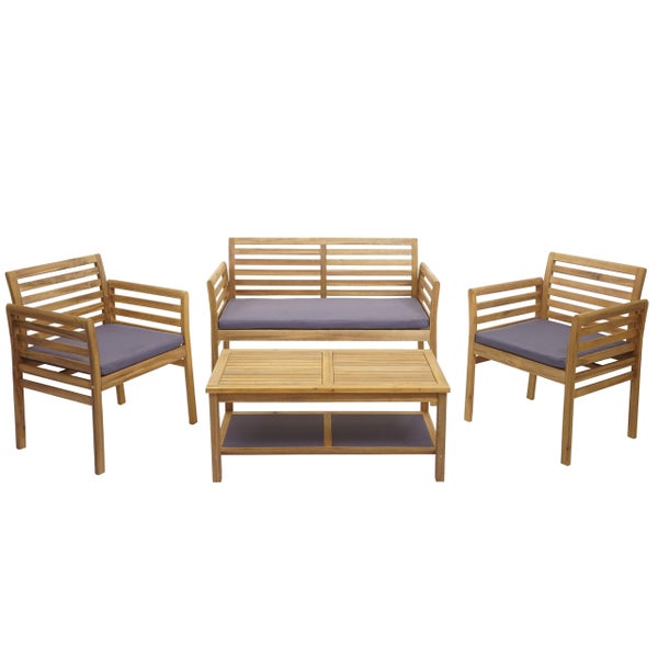 Vierteiliges Garten-Lounge-Set aus Holz mit Zwei-Sitzer-Bank, zwei Sesseln, Tisch und Sitzpolstern.