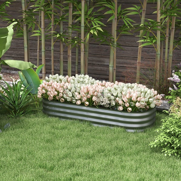 Outsunny Hochbeet Metall, Pflanzkasten, Gemüsebeet, DIY Blumenkasten mit offenem Boden, Kräuterbeet für Garten, Balkon, Silber 150 x 62 x 30 cm