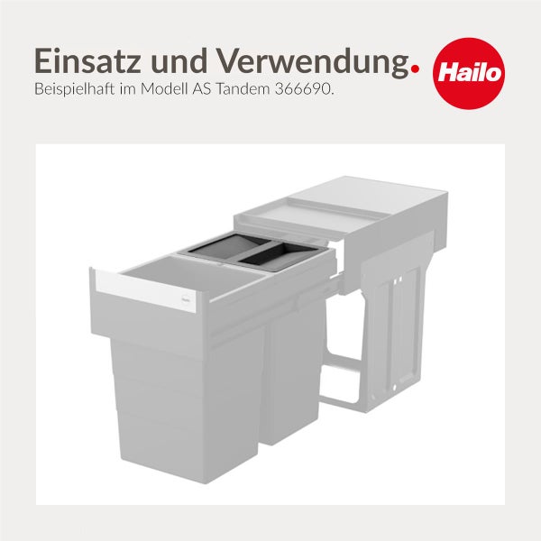Einbaubares Abfalltrennsystem von Hailo mit mehreren Abfallbehältern in einem Auszugsystem. Hailo Logo.