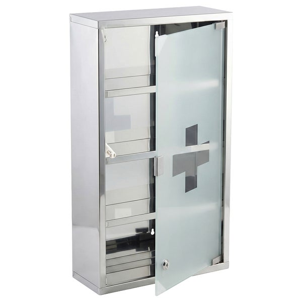 Abschließbarer Medizinschrank aus Edelstahl mit vier Fächern und leicht geöffneter Tür aus mattiertem Glas mit Kreuzsymbol.