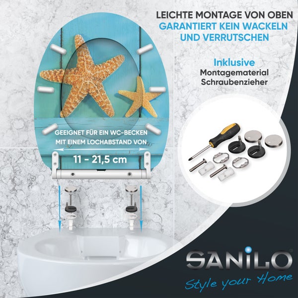 WC-Sitz mit Seestern-Motiv, inklusive Montagematerial und Schraubendreher. Geeignet für Lochabstände von 11 bis 21,5 Zentimeter. Sanilo Logo.