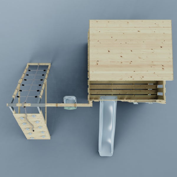 Draufsicht auf ein Spielhaus aus Holz mit Rutsche, Schaukel, Kletterwand und Kletternetz.