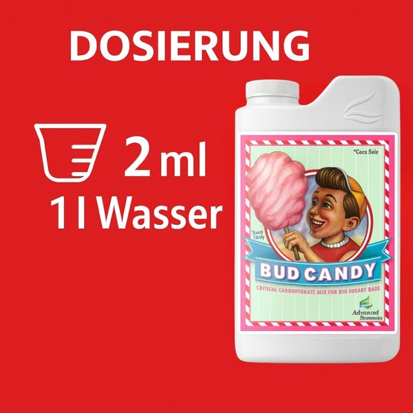 Dosierungsanleitung für Bud Candy: 2 Milliliter pro 1 Liter Wasser.