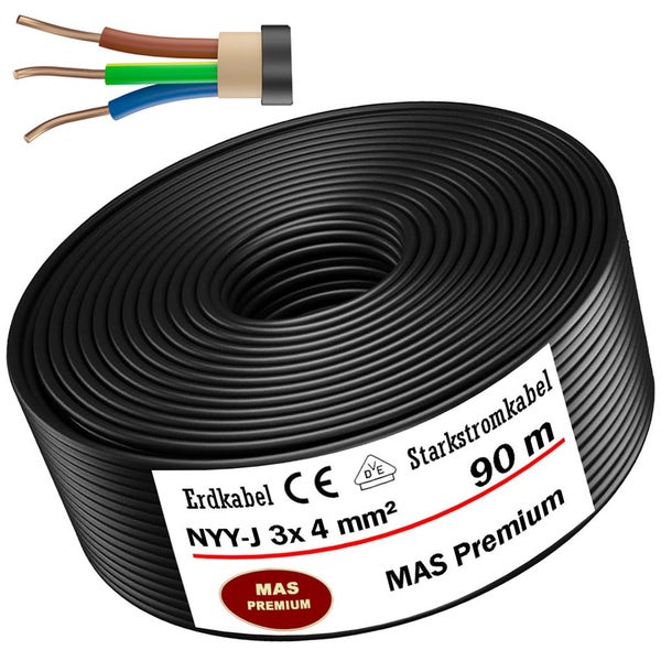 Erdkabel NYY-J 3 mal 4 Quadratmillimeter Starkstromkabel MAS Premium, 90 Meter Rolle mit Querschnitt der drei Adern.