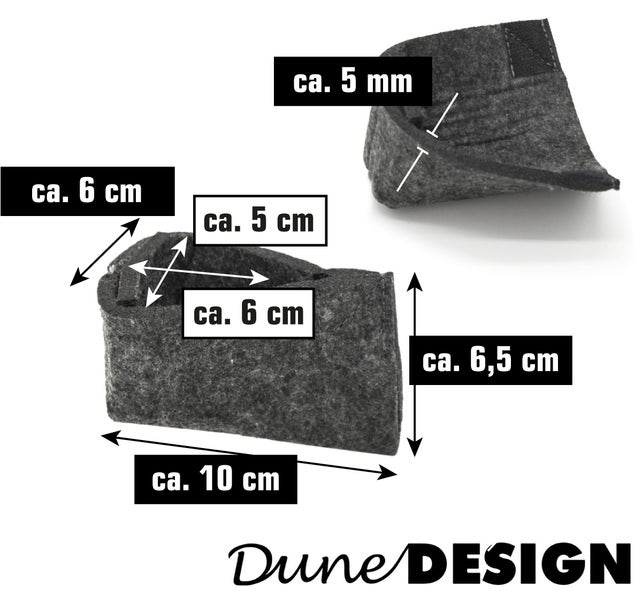Dune Design Filz Stuhlbeinschoner mit Maßangaben in Zentimeter und Millimeter zur Darstellung der Abmessungen