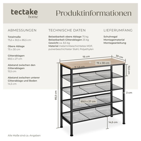 Produktinformationen Schuhregal von tectake home mit Abmessungen und technischen Daten