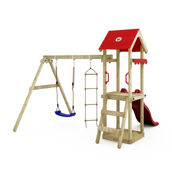 WICKEY Spielturm Klettergerüst TinyCabin mit Schaukel und Rutsche, Kletterturm mit Sandkasten, Leiter und Spiel-Zubehör - rot