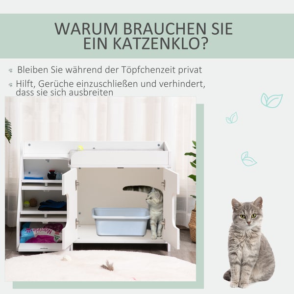 PawHut Katzenschrank für katzentoilette Katzenklo mit 3 Stufen der Treppe Katzenhaus Katzenhöhlen Katzenschrank für Katzenbett mit Türöffnung Weiß 90 x 48 x 59 cm