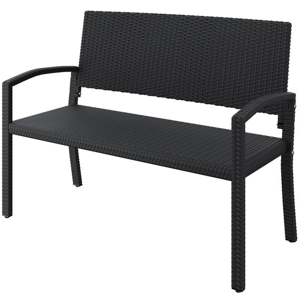 Gartenbank aus schwarzem Polyrattan-Geflecht mit Armlehnen und hoher Rückenlehne für zwei Personen.