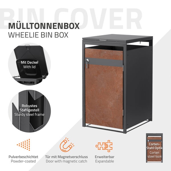 Mülltonnenbox mit Deckel aus pulverbeschichtetem Stahl mit einer Front in Cortenstahl Optik und Magnetverschluss.