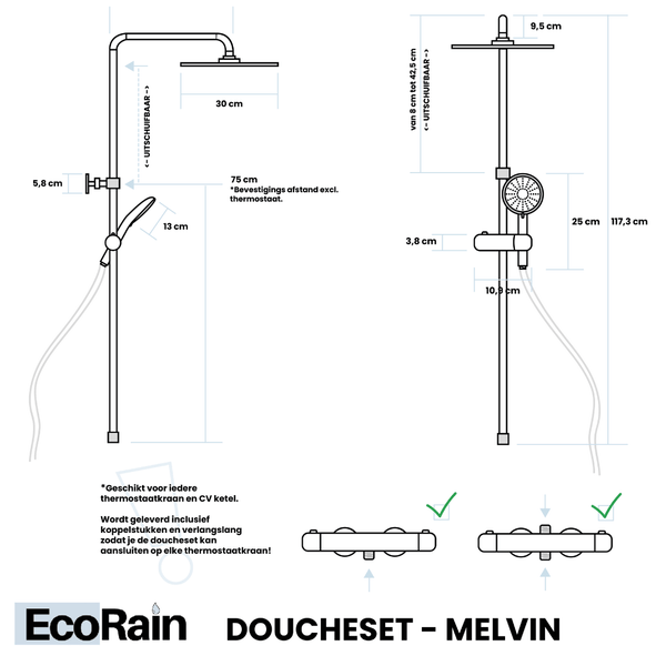 EcoRain 30% Wassersparender Regendusch-Duschset Melvin 30 CM - Handbrause 13 CM - Hoher Druck - Universell - Anti-Kalk Duschkopf - Chrom