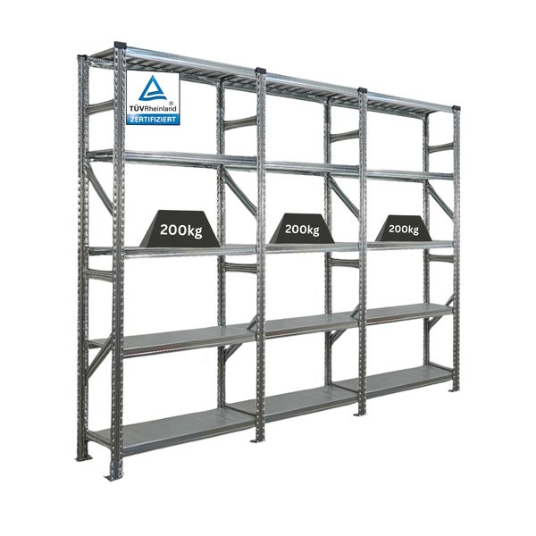 Stahlregal mit drei Ebenen und TÜV Rheinland Zertifizierung