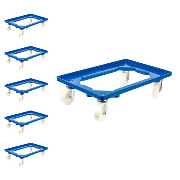 PROREGAL SparSet 6x Transportroller für Euroboxen 60 x 40 cm mit Kunststoffräder Blau Offenes Deck 2 Lenkrollen und 2 Bremsrollen Traglast 300 kg