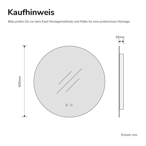 Maßzeichnung eines runden Badezimmerspiegels mit einem Durchmesser von 600 Millimetern und einer Tiefe von 35 Millimetern.