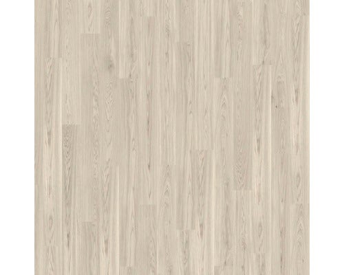 Laminatboden in Holzoptik mit hellen, schmalen Dielen und vertikaler Maserung.