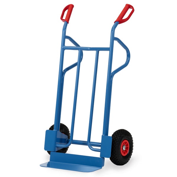 Blaue Sackkarre mit roten Griffen und schwarzen Rädern