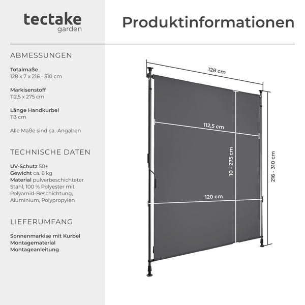 Klemmmarkise tectake Taija leichtgängige Handkurbel verschiedene Größen schwarz