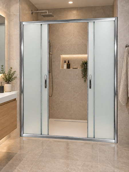 Moderne Nischenduschtür mit Schiebetüren aus satiniertem Glas und glänzenden Profilen in einem stilvoll gefliesten Badezimmer.