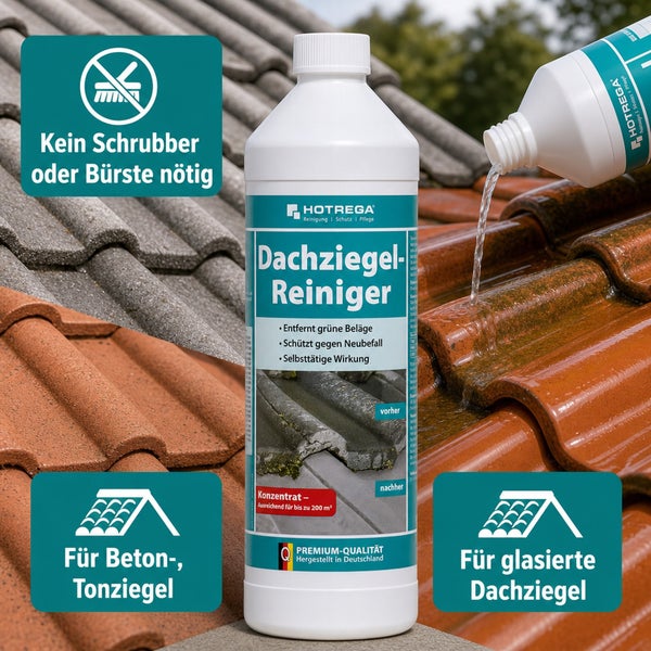 Hotrega Dachziegel Reiniger Konzentrat in der Flasche zur selbsttätigen Reinigung von Beton Ton und glasierten Dachziegeln ohne Schrubben