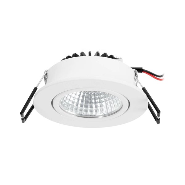 Weißer, runder LED-Einbaustrahler mit seitlichen Montageklammern aus Metall und sichtbaren Kabelanschlüssen.