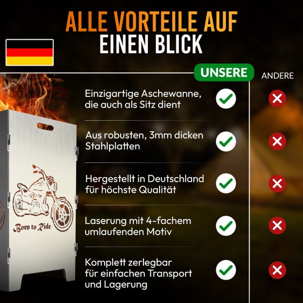 Produktvorteile des Feuerkorbs mit Aschenwanne und Motorrad Motiv