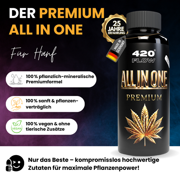 420 Flow All in One Premium Pflanzendünger für Hanf in einer Flasche mit 100 Prozent pflanzlich-mineralischer Formel und veganen Inhaltsstoffen.