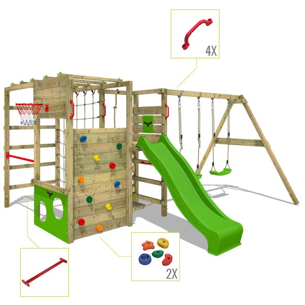FATMOOSE Klettergerüst Spielturm ActionArena mit Schaukel und Rutsche, Gartenspielgerät mit Leiter und Spiel-Zubehör - apfelgrün