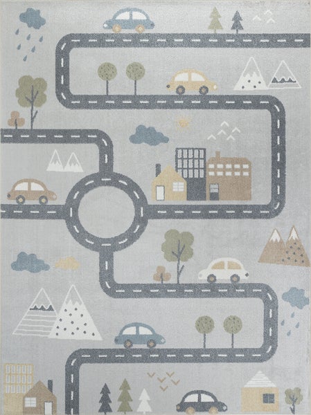 Maschinenwaschbarer Kinderteppich Autokreis Blau/Grau 160x213 cm VROOMVILLE