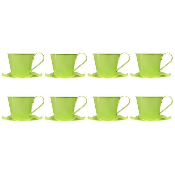 Acht grüne Pflanzgefäße in Tassenform mit Untertasse