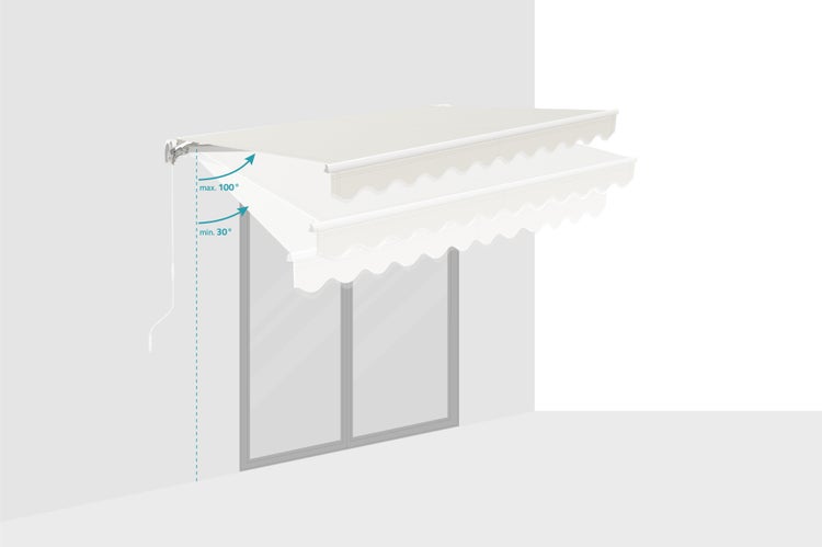 Markise mit einer maximalen Neigung von 100 Grad und einer minimalen Neigung von 30 Grad.