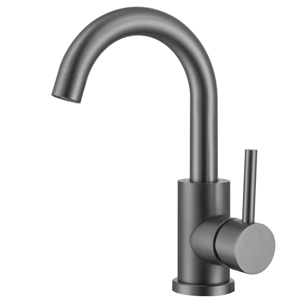 Moderne Einhebel Waschtischarmatur mit hohem Bogenauslauf und seitlichem Bedienhebel zur präzisen Steuerung von Wassermenge und Temperatur.