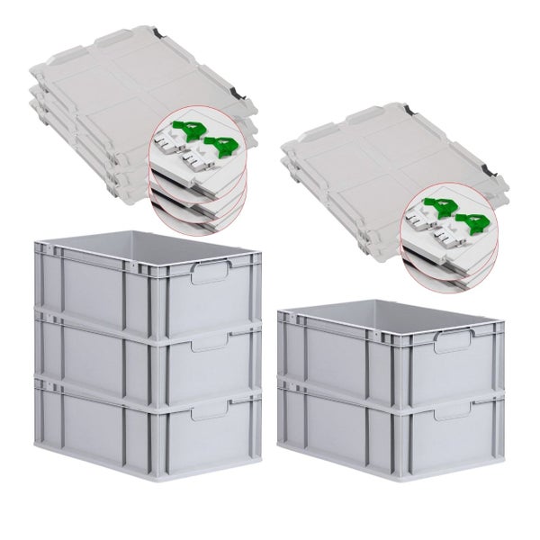 PROREGAL Spar Set 5x Eurobox Nextgen Economy Mit Scharnierdeckel & Grünen Schiebeschnappverschlüsse Griffe Geschlossen HxBxT 22 x 40 x 60 cm 44 Liter