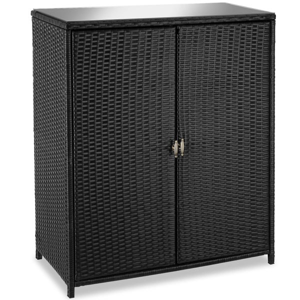 Gartenschrank aus schwarzem Poly-Rattan mit zwei Türen und einer glatten Deckplatte.