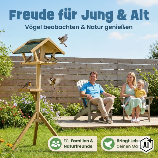 Familie beobachtet Vögel an einem hölzernen Vogelhaus im Garten. Eine harmonische Szene mit Vögeln am Futterplatz und Menschen auf Gartenstühlen.