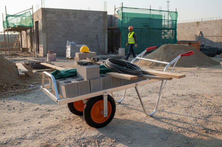 Bauarbeiten mit Schubkarre, Zementblöcken, Kabel, Bauholz und Werkzeugen auf einer Baustelle