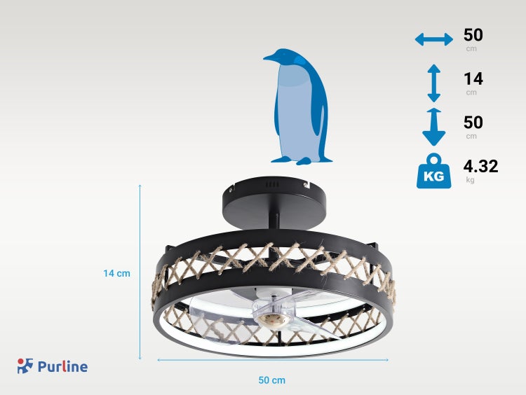 Purline Deckenventilator mit den Maßen 50 cm x 50 cm x 14 cm und einem Gewicht von 4,32 kg.