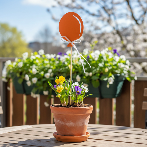 Terrakotta-Blumentopf mit Stiefmütterchen und einem orangefarbenen Pflanzenstecker in Ballonform auf einem Holztisch.