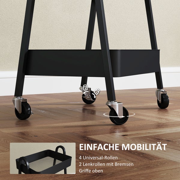 HOMCOM Servierwagen mit 3 Ebenen Küchenwagen mit Rollen Griff Rollwagen mit Bremse Küchenregal Küchenrollwagen Allzweckwagen für Küche Büro Badezimmer, Schwarz