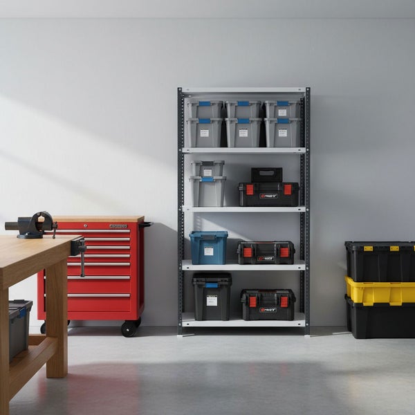 Organisierte Werkstatt mit einem Schwerlastregal voller Aufbewahrungsboxen, einem roten Werkstattwagen und einer hölzernen Werkbank mit Schraubstock.